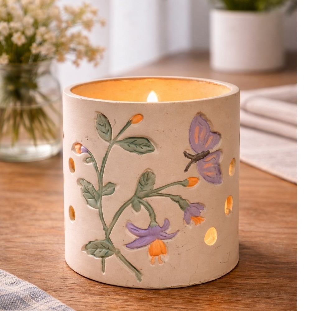 Ceramic Butterfly Floral Candle Jar Holder Sleeve Cottage‎ Farmhouse Decor